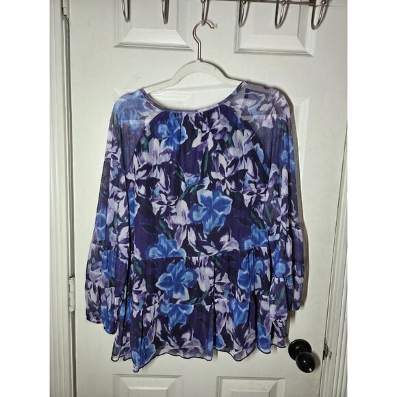 Terra & Sky Purple Blue Floral LS Chiffon Peasant Blouse Top 0X (14W) - Picture 2 of 6